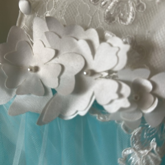 White $Blue Floral Tulle Dress with lace,    Appliqués rhinestones and p… - Picture 9 of 9